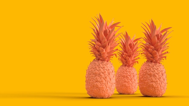 Rendering 3d arancione tre ananas su sfondo giallo estate sfondo esotico minimalismo