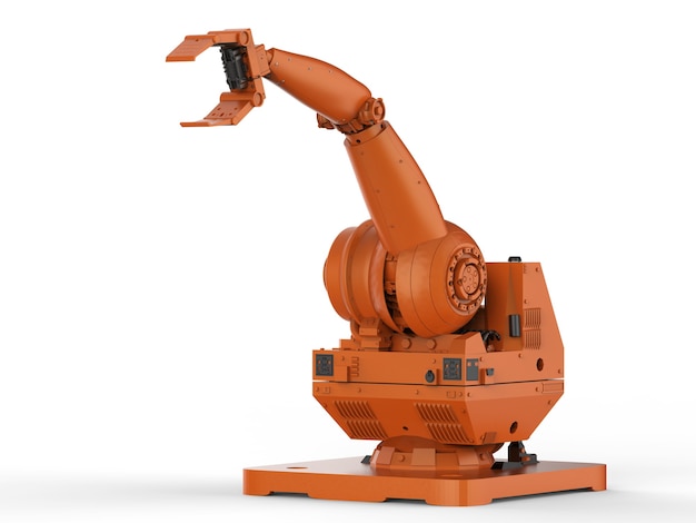 3d-rendering oranje robotarm op witte achtergrond