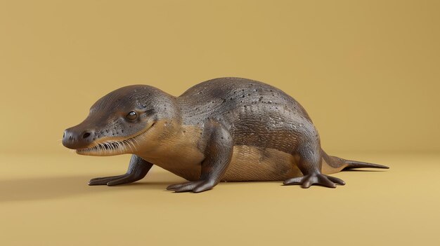 Foto rendering 3d di una creatura simile a una lontra con pelliccia marrone e una lunga coda sta in piedi a quattro zampe e guarda a sinistra del fotogramma