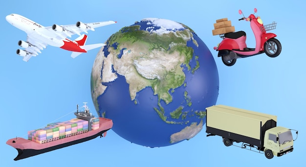 3D rendering overview of logistic and transportation around the world , 3D logistic concept