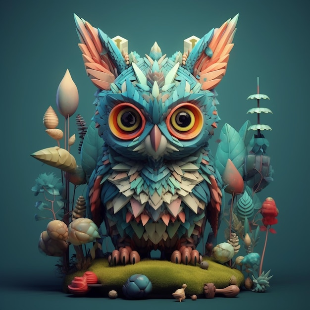 A 3d rendering of an owl with colorful eyes sits on a green background.