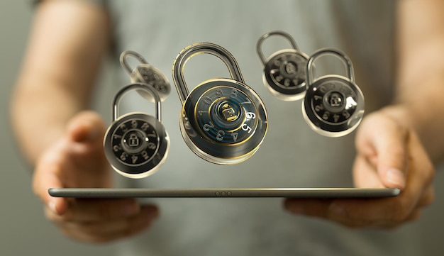 A 3D rendering of a padlocks on a mans tablet - cybersecurity concept