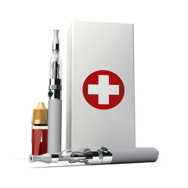 3D rendering of a pair of e-cigarettes with a box with a red cross and a refill bottle