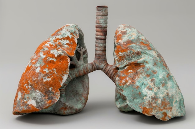 A 3D rendering of a pair of human lungs made of copper with a green and orange patina