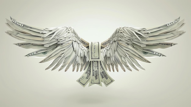 Photo 3d rendering of a pair of white and grey angel wings made of 100 dollar bills on a pale grey background