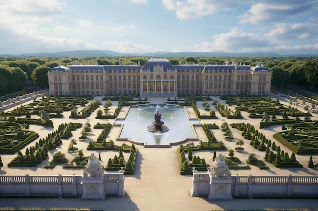 Foto un rendering 3d di un palazzo con una fontana al centro.