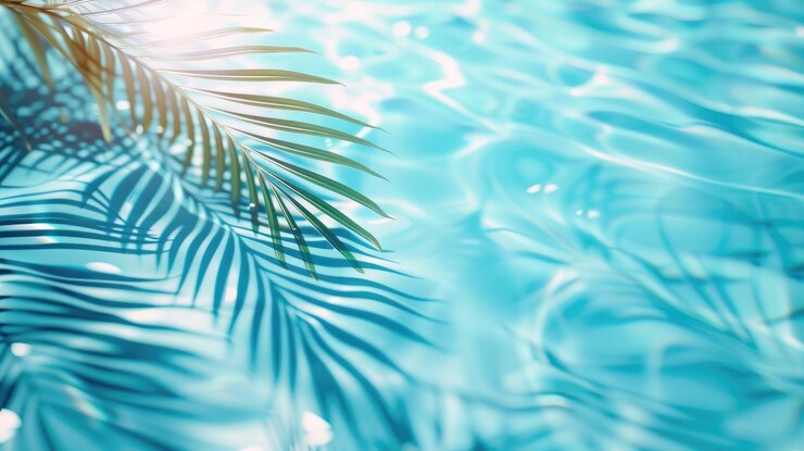 Photo 3d rendering of palm leaves shadow on the water surface in a swimming pool with a light blue background