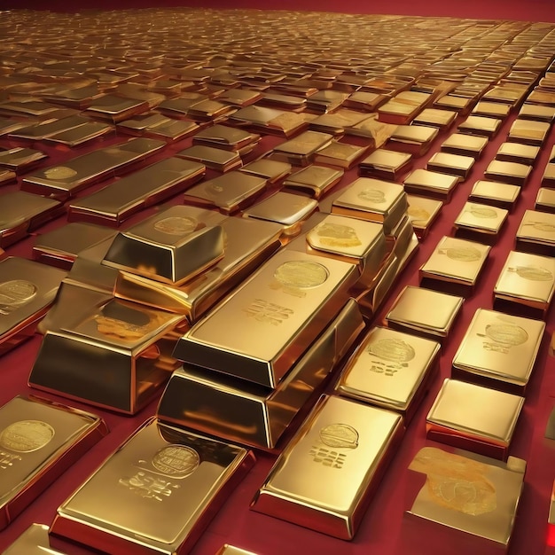 3d rendering of panorama scene of chinese gold bars ingot and golden coins and copy space on red bac