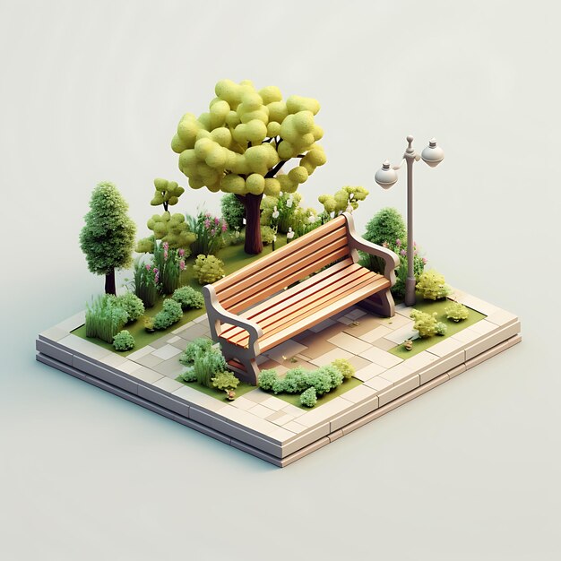 3d rendering of park bench city isometric miniature