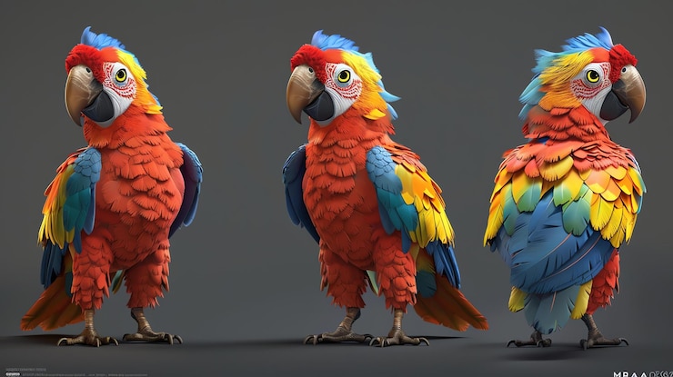 Photo 3d rendering of a parrot with bright red yellow and blue feathers the parrot is standing on a branch and looking at the camera