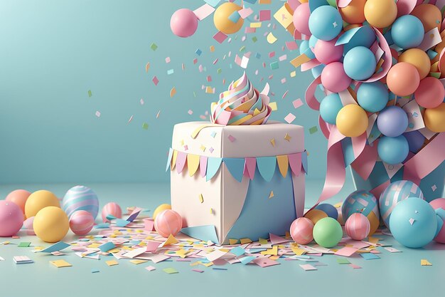 3d rendering of party popper gift box cake and confetti with blank paper copy space in pastel theme banner background 3d render illustration