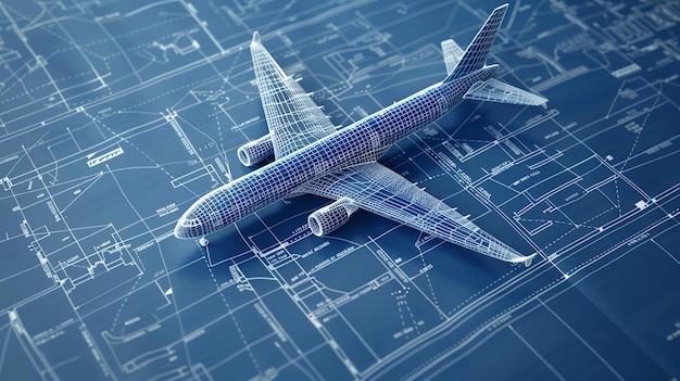 3D rendering of a passenger airplane on top of a blueprint The airplane is made of blue lines and has a transparent body