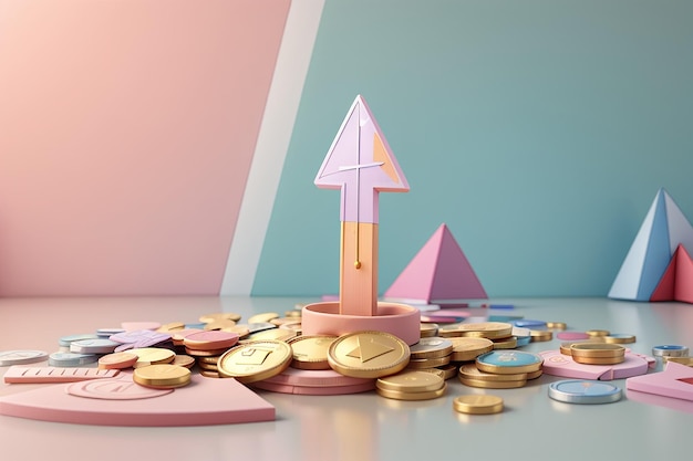 3d rendering of pastel arrow pointing up and dollar coin on background