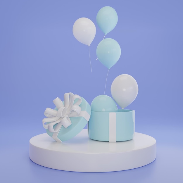 3D rendering pastel balloon floated up from blue gift box on blue background