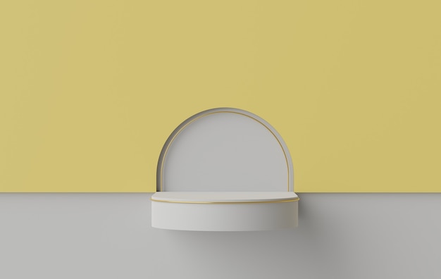 Rendering 3d di una scena del podio con display pastello per mock up e presentazione di prodotti con sfondo giallo e grigio illuminante.