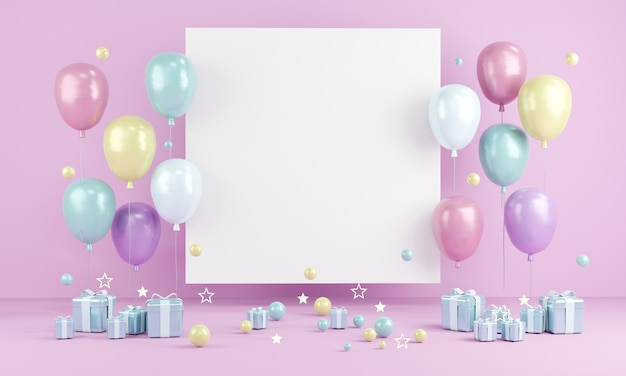 3D Rendering pastel theme balloons with blank paper copy space for text and gifts on background