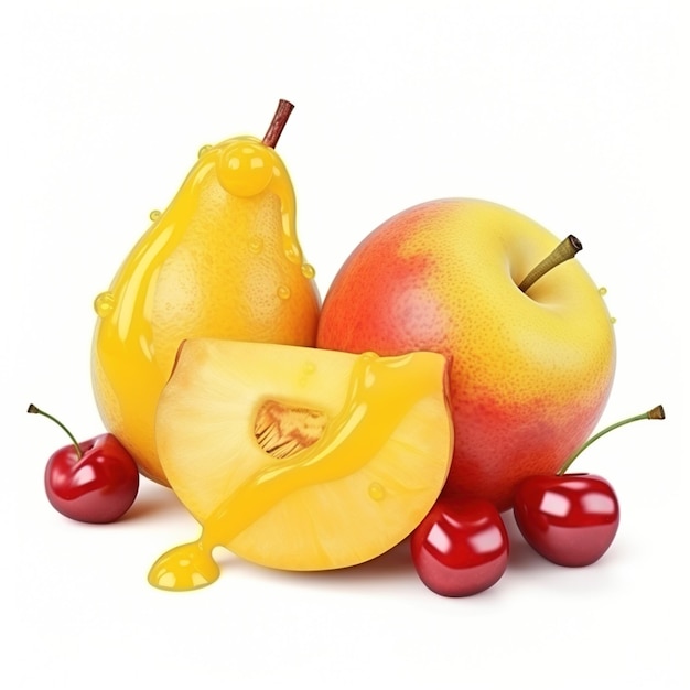 3D rendering of a pear apple and cherries