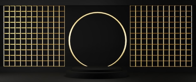3d-рендеринг постамента на черном фоне, золотая рамка, мемориальная доска, абстрактная минимальная концепция, роскошный минималистский макет