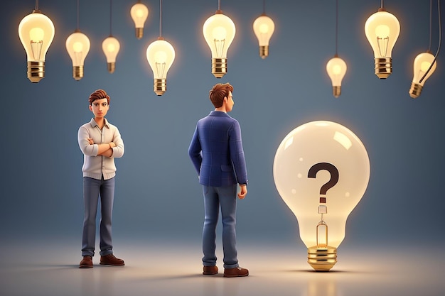 3d rendering people men person with question marks and a light bulb Intelligence