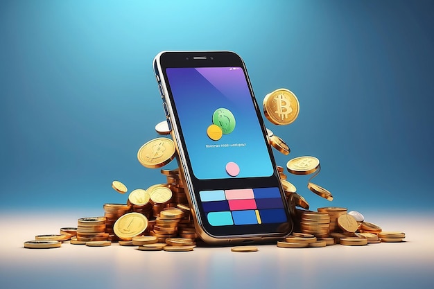 Photo 3d rendering of phone and coin icon concept of money payment transaction technology on phone on background 3d render illustration cartoon style