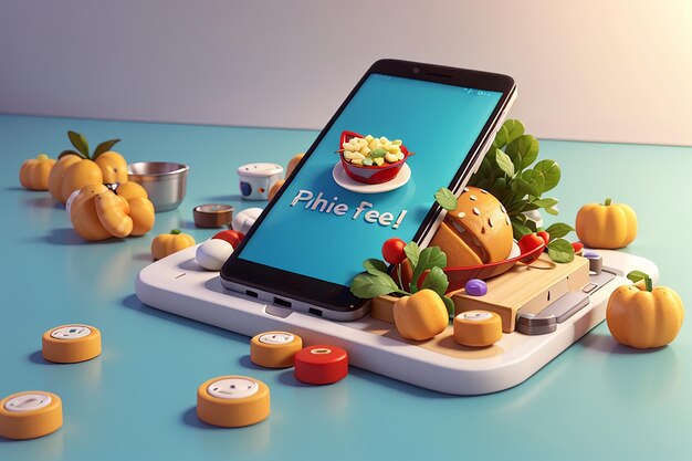 Foto rendering 3d di un telefono con cibo e pulsante di ordine sullo sfondo concetto di consegna di cibo online 3d rendering illustrazione in stile cartone animato
