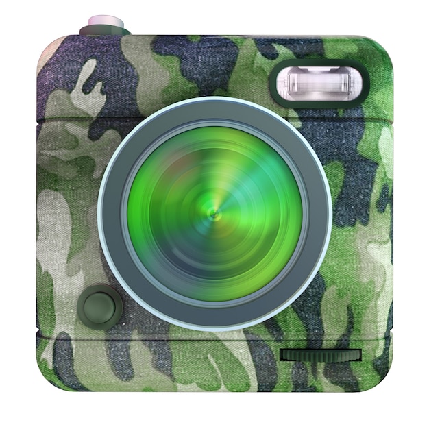 3d rendering of a photo camera icon with camouflage pattern