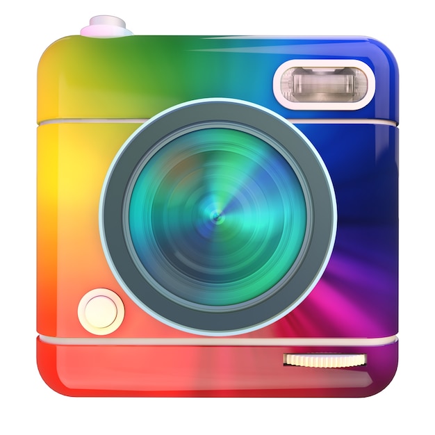 3D rendering of a photo camera icon with rainbow color pattern