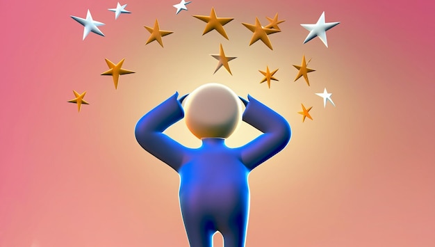 3d rendering picture of dizzy man with stars spinning over his head cartoon character back view