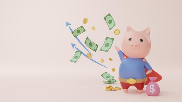3D rendering of piggy bank in a hero costume throwing a money and gold coins