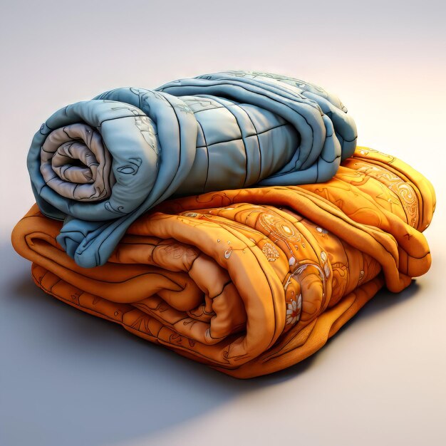 3d rendering of a pile of blue and orange bedclothes