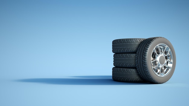 3D rendering of a pile of car wheels and a vertical one