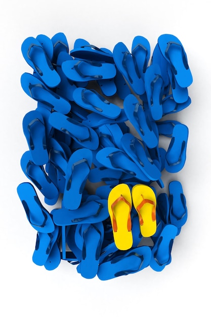 3D rendering of a pile of flip-flops in blue and pair of yellow ones