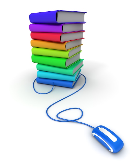 3D rendering of a pile of multicolored books connected to a computer mouse