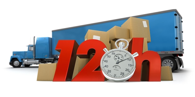 Photo 3d rendering of  a pile of packages  and a truck with the words 12 hrs and a chronometer