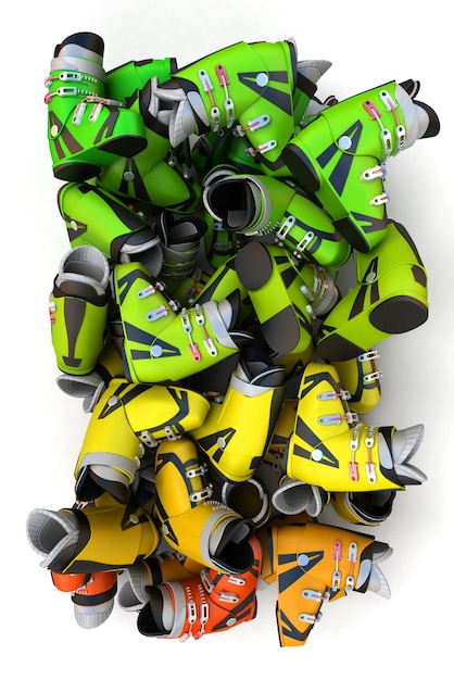 3D rendering of a pile of skiing boots