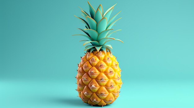 3D rendering of a pineapple isolated on a blue background The pineapple has a vibrant yellow color and green leaves