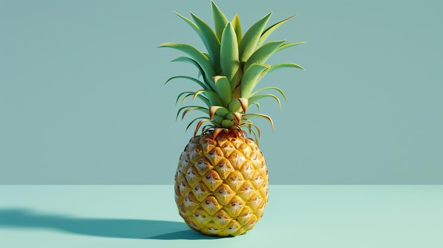 3D rendering of a pineapple on a pastel green background The pineapple is in focus and has a realistic texture