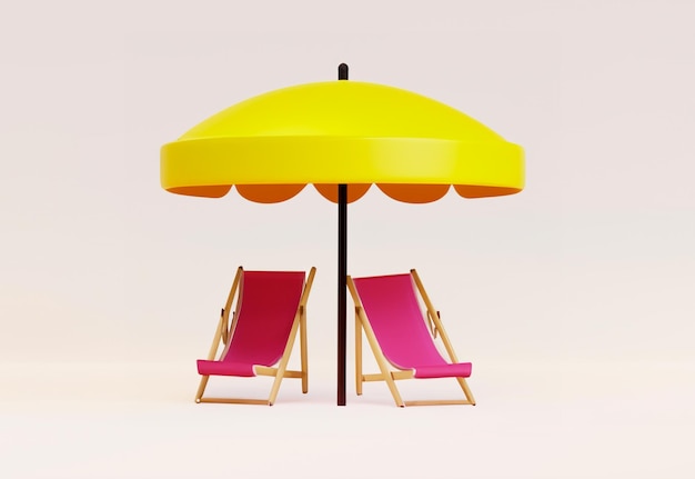 3d rendering of pink beach chair with yellow summer umbrella