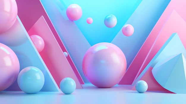 3D 렌더링 분홍색과 파란색 기하학적 모양 공과 삼각형 추상적인 배경