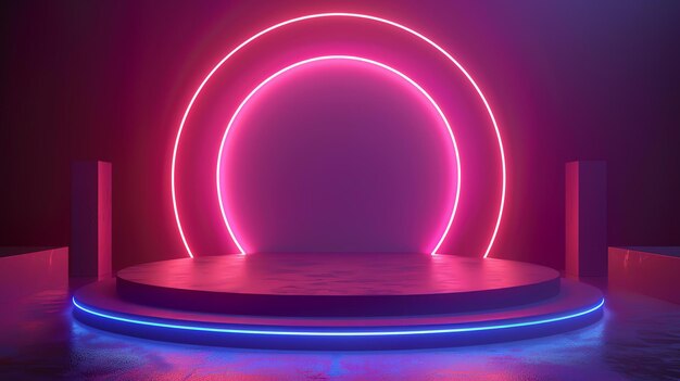 3D rendering of a pink and blue neon circle stage with a blue glowing platform