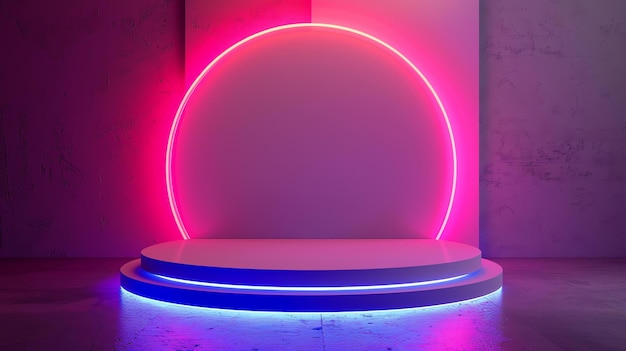 3D rendering of a pink and blue neon glowing circle and podium Futuristic pedestal for product presentation
