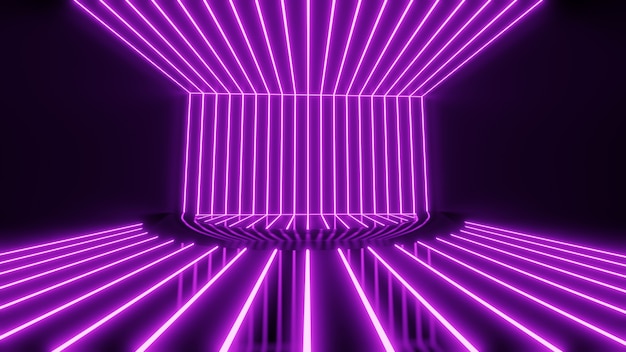 3d rendering, pink blue neon lines, geometric shapes, virtual\
space, empty room, ultraviolet light