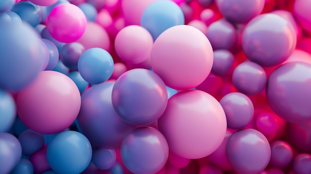 Photo 3d rendering pink blue and purple balls of different sizes on a pink background