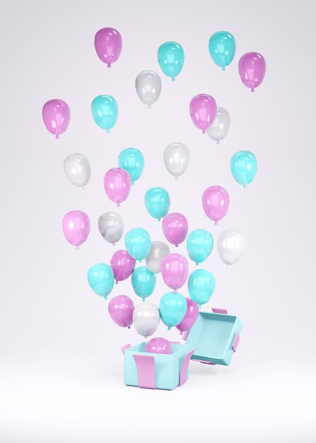 Rendering 3d di un palloncino bianco blu rosa che vola fuori dalla confezione regalo sullo sfondo