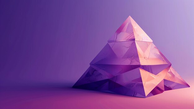 3D rendering of a pink crystal pyramid on a pink background The pyramid is made of multiple triangular facets and has a rough textured surface