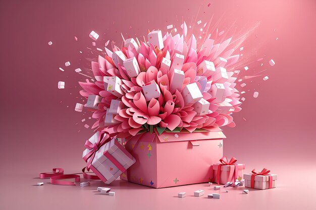 3d rendering of pink gift box explosion show blank space inside background for commercial design