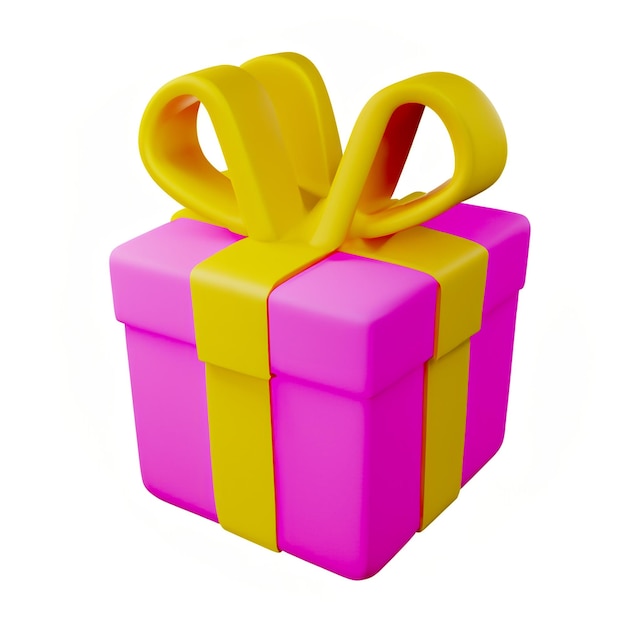 Photo 3d rendering of pink gift box with yellow ribbon