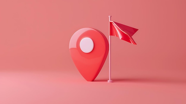 A 3D rendering of a pink location pin with a flag on a pink background
