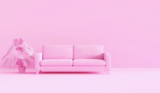 リビングルームのモダンなソファとピンクのモノクロ空間を3Dレンダリング最小限のスタイルのコンセプトパステルカラースタイル