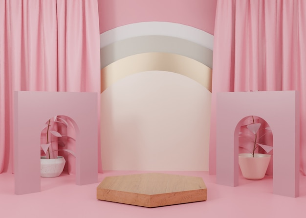 3d rendering Pink pastel display podium product stand